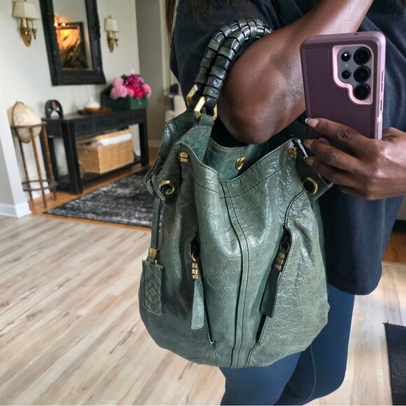 OrYANY Gwen Green Leather Hobo Double Top Handle Bag Goldtone 15x15 - Picture 5 of 13